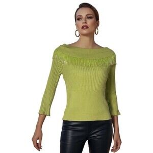 Camille Womens  Silk Top Large Mob Wife Beaded Fringe Ribbed Knit Bright Stretch